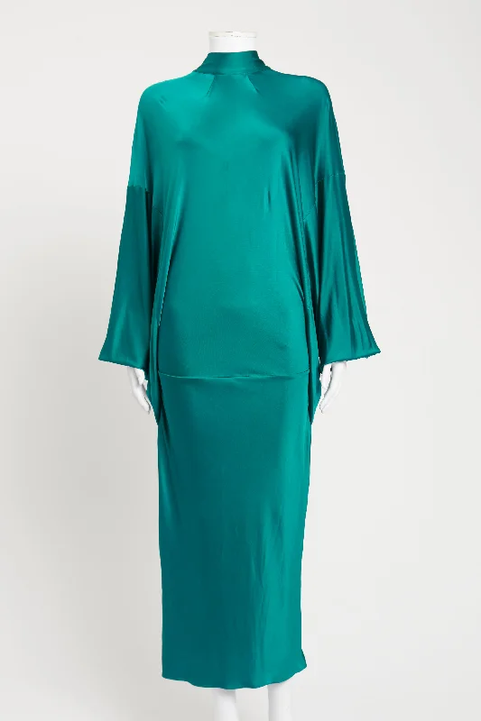 Teal Draped Preowned Midi Dress Elegant Satin Midi Dress