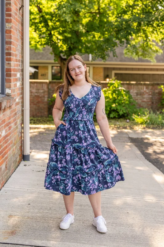 The Taylor Smocked Midi Dress Elegant Floral Appliqué Midi Dress