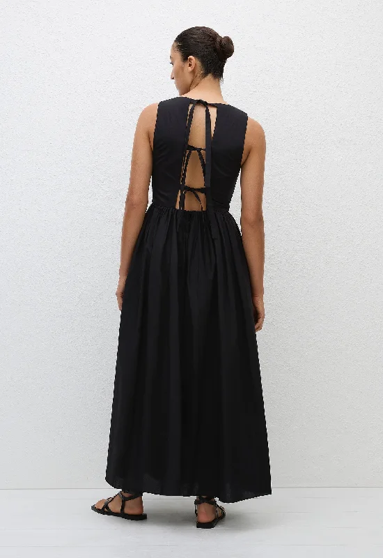 Tie Back Midi Dress - Black Elegant Satin Midi Dress