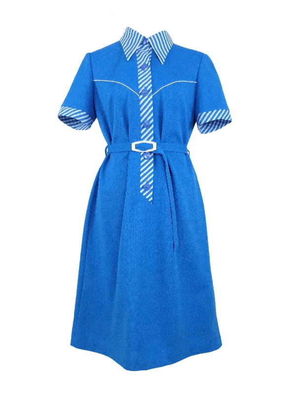 Vintage 60s Mod Psychedelic Gogo Bright Blue Pointed Dagger Collar Half Sleeve Full Circle Belted Shift Midi Dress Comfortable Button Front Midi Dress