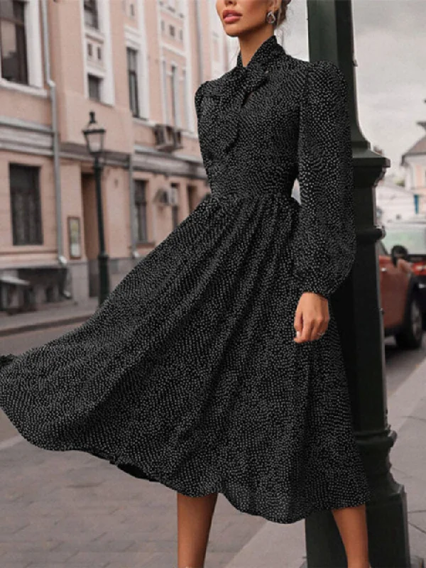 Fashion Vintage Polka Dot Print Knotted Big Swing Casual Long Sleeve Midi Dress Stylish Cold Shoulder Midi Dress