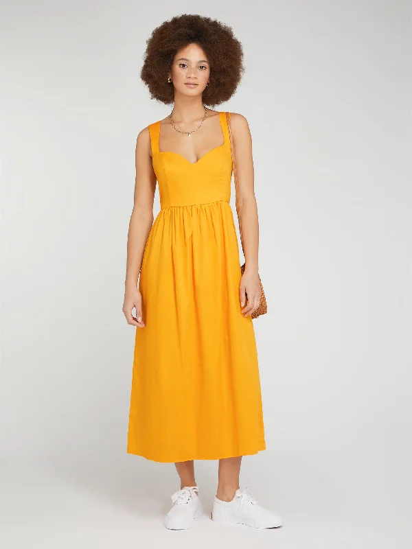 Winslow Midi Dress in Orange Elegant Pleated Detail Midi Dress