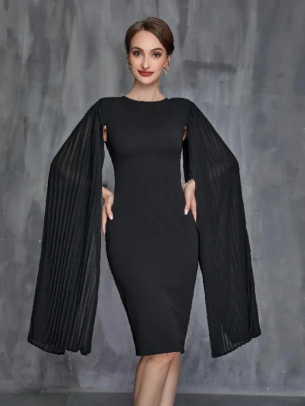 Womens' Pleated Cloak Sleeves Midi Dress Fashionable Sheer Sleeve Midi Dress