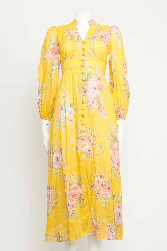 Yellow Linen Preowned Zinnia Floral Midi Dress Cozy Spaghetti Strap Midi Dress