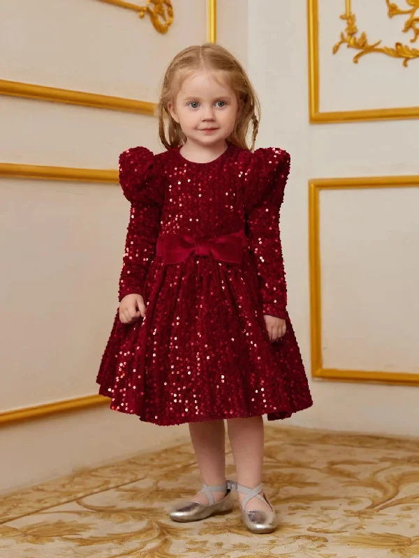 Young Girls' Gigot Sleeve Bow Decor Sequin Midi Dress Comfortable Button Front Midi Dress