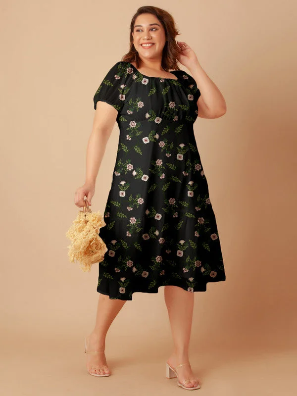 Black Floral Print Empire Midi Dress Stylish Halter Neck Midi Dress