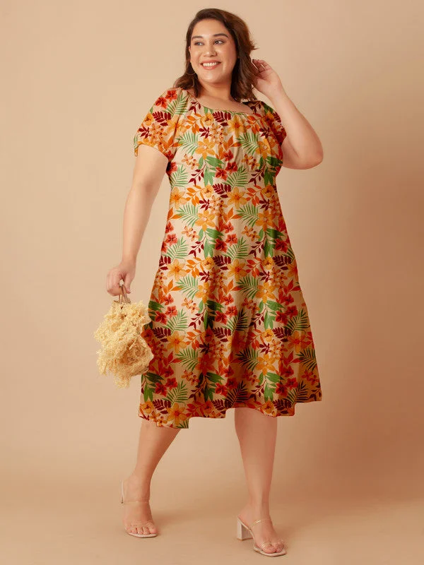 Multi-Colored Floral Print Empire Midi Dress Elegant Pleated Detail Midi Dress