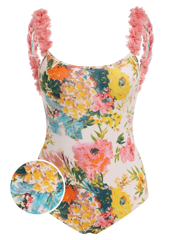 1930s 3D Floral Strap Backless One-Piece Swimsuit Classic Monokini Design