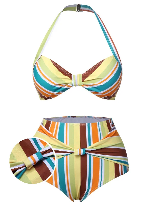 1930s Halter Contrast Stripes Swimsuit Sleek Mesh Bikini