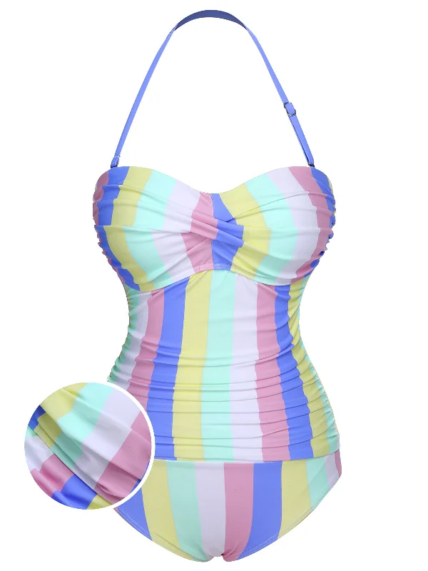 1950s Colorful Striped One-Piece Swimsuit Ruffled Swimsuit Top