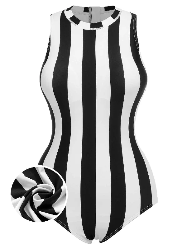 1950s Contrast Stripes Triangle One-Piece Swimsuit Solid Color Swimsuit