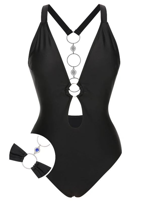 1950s Solid Hollow-out One-Piece Swimsuit Summer Ready Swimsuit