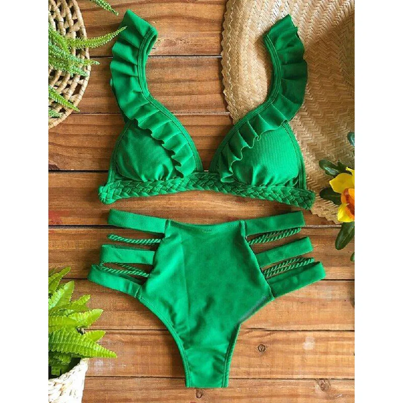 Green High-Waisted Hollow Bikini Swimwear Trendy Swimwear Set