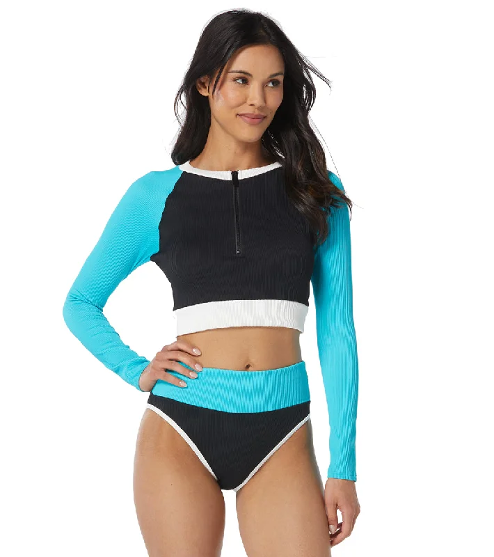 Beach House Women's Color Block Ribbed Nadi Top Long Sleeve Front Zip Swim Top Black Quick-Dry Swimsuit