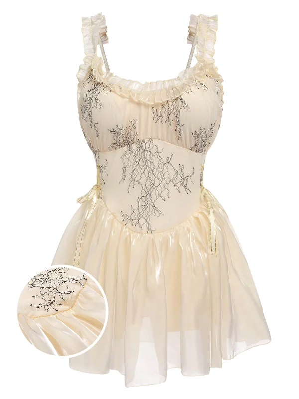 Beige 1930s Organza Ruffle One-Piece Swimsuit Tropical Print Bikini