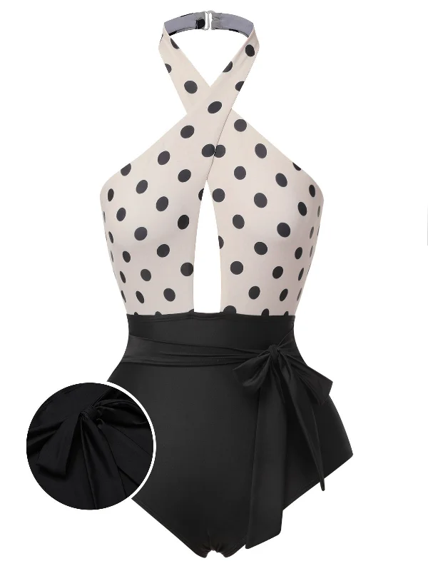 Beige 1950s Polka Dot Halter One-Piece Swimsuit Trendy Swimwear Set
