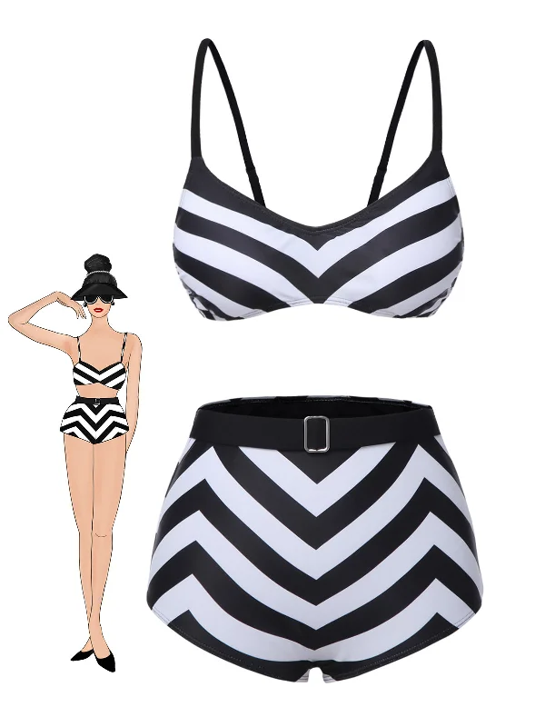 Black 1950s Striped Spaghetti Strap Swimsuit Plunge Neckline Swimsuit