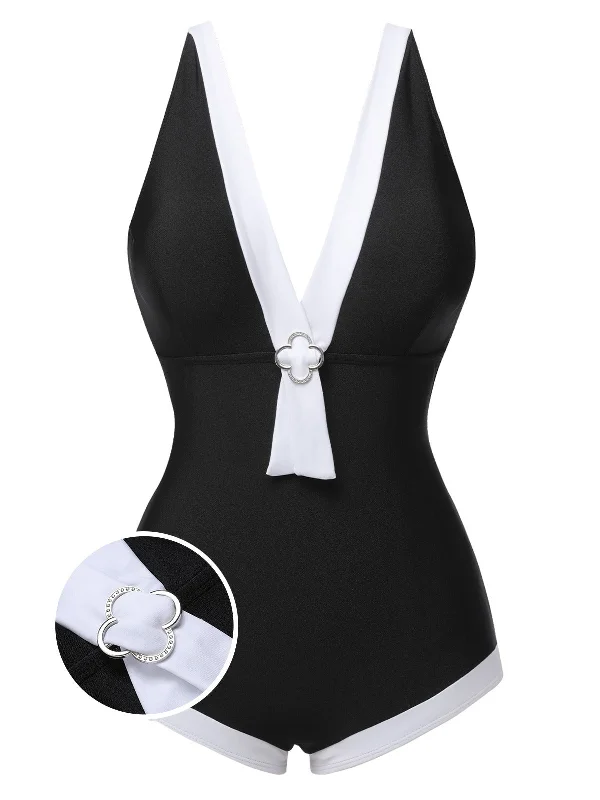 Black 1960s V-Neck Patchwork One-Piece Swimsuit Push-Up Bikini Top