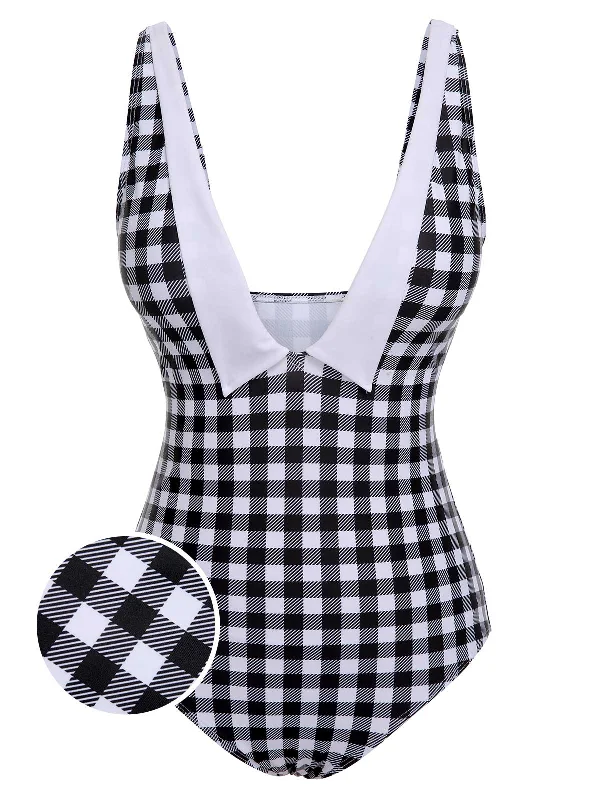 Black & White 1950s Plaid One-Piece Swimsuit Mesh Panel Swimwear