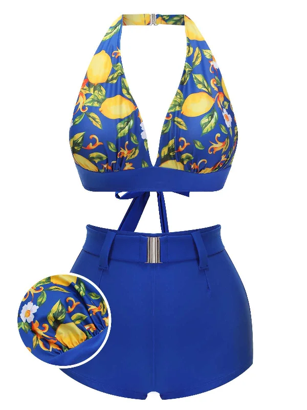 Blue 1930s Halter Lemon Belted Swimsuit Playful Pattern Swimsuit