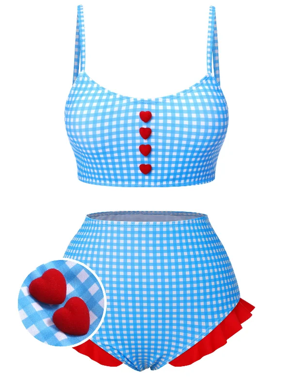 Blue 1950s Spaghetti Strap Button Plaids Swimsuit High-Waist Bikini Set