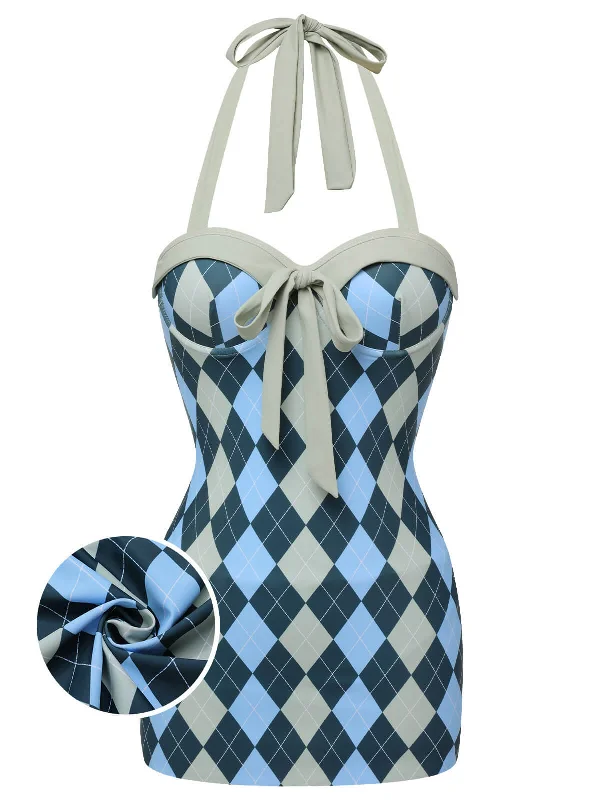 Blue Gray 1950s Argyle Halter One-Piece Swimsuit Floral Bikini Top