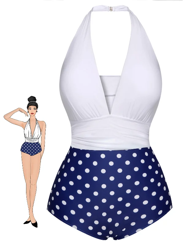 Blue & White 1950s Polka Dots Halter Swimsuit Two-Piece Beachwear