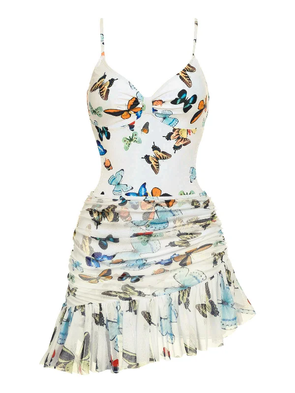 1960s Butterflies Strap One-piece Swimsuit & Cover-up Skirt Sporty Racerback Swimsuit 1960s Butterflies Strap One-piece Swimsuit & Cover-up Skirt Sporty Racerback Swimsuit
