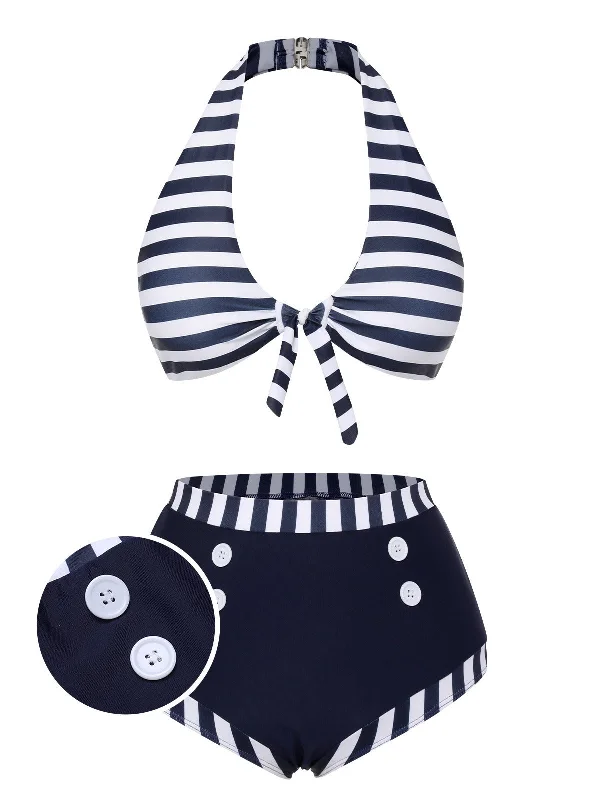 Dark Blue 1930s Stripes Halter Buttons Swimsuit Mesh Panel Swimwear