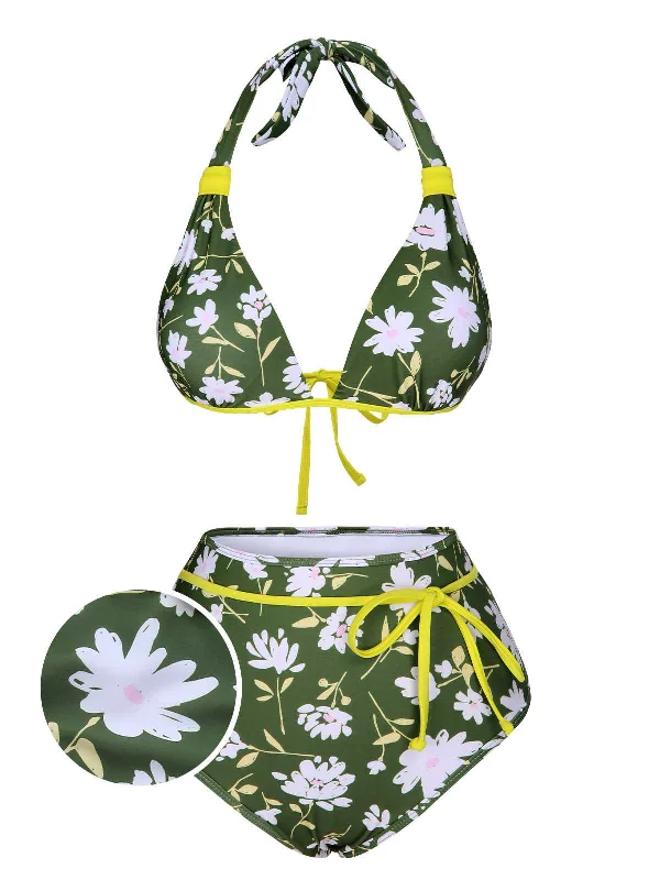 Dark Green 1940s Halter Bow Floral Swimsuit Playful Pattern Swimsuit