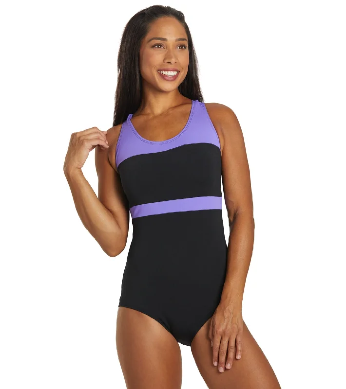 Dolfin Conservative Color Block Lap Suit Swimsuit Black/Purple Vintage Swimwear Look