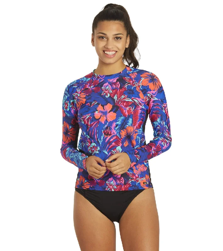 EQ Swimwear Women's Tahitian Floral Rash Guard Blue Shiny One-Piece Swimsuit