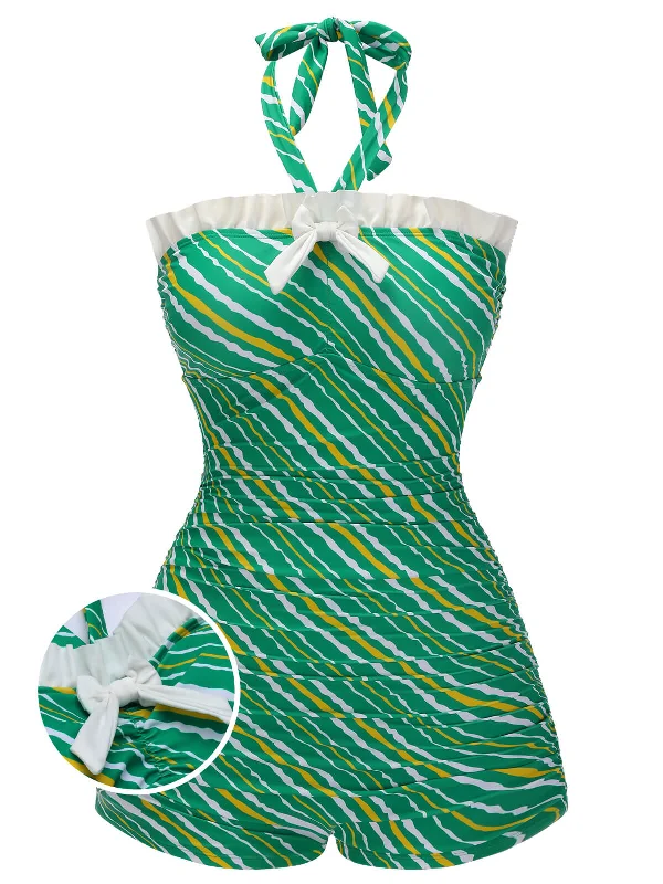 Green 1930s Stripe Off-Shoulder Halter Swimsuit Minimalist One-Piece