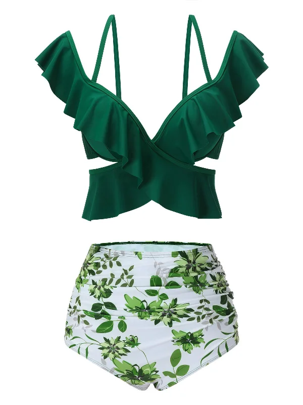 Green 1940s Ruffles Floral Spaghetti Strap Swimsuit Ruffled Swimsuit Top