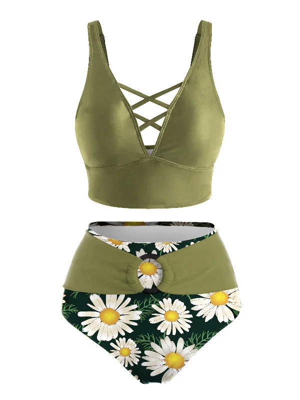 Green 1950s V-Neck Daisy Swimsuit Floral Swimwear Set