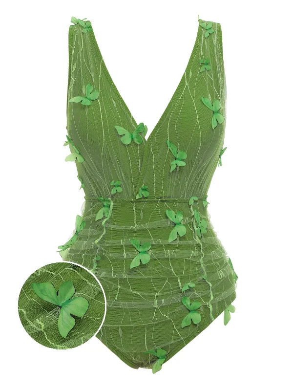 Green 1960s 3D Butterfly Mesh Swimsuit Vibrant Bikini Design