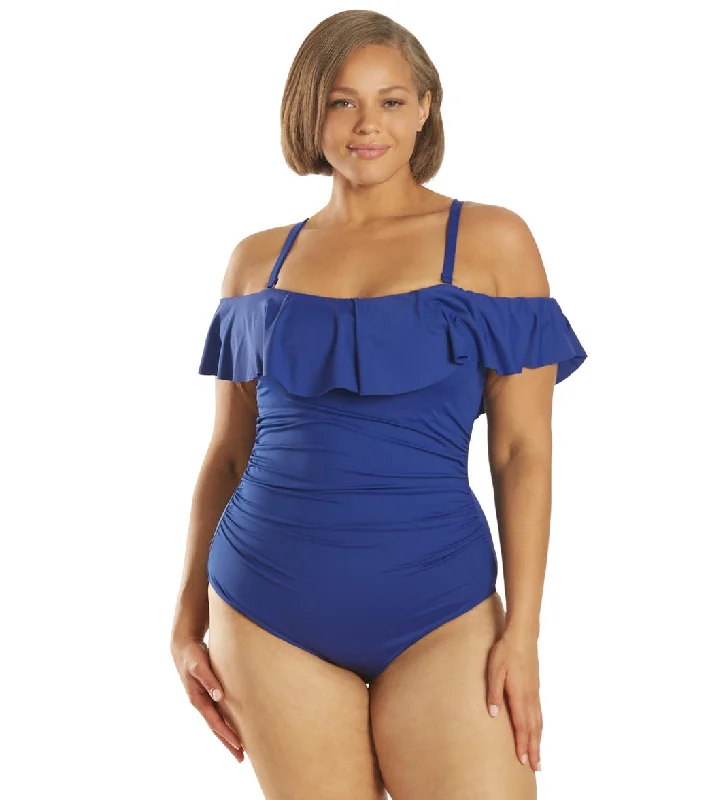 La Blanca Plus Size Island Goddess Off Shoulder Ruffle One Piece Swimsuit Blueberry Monokini Swimsuit Design