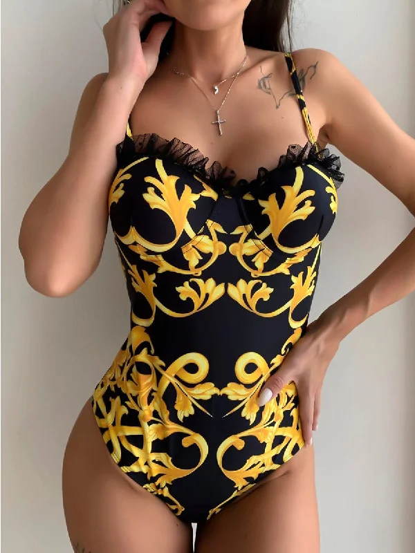 ASHORESHOP Victoria Royal Gold Pattern Swimwear 2021 Push Up Sexy Women Swimsuit Swim Dress with Belt ASHORESHOP Victoria Royal Gold Pattern Swimwear 2021 Push Up Sexy Women Swimsuit Swim Dress with Belt