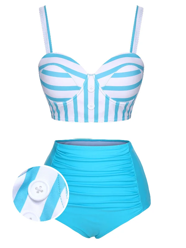 Light Blue 1950s Stripe Strap Swimsuit Strapless Swimsuit Top