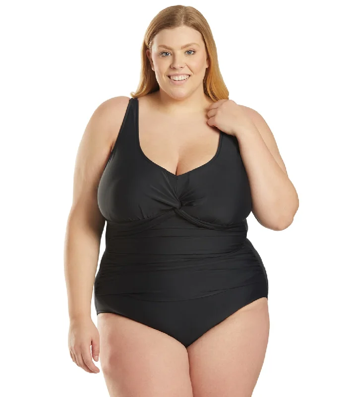 Maxine Plus Size Tricot Twist Front One Piece Swimsuit Black Chic Bikini Set