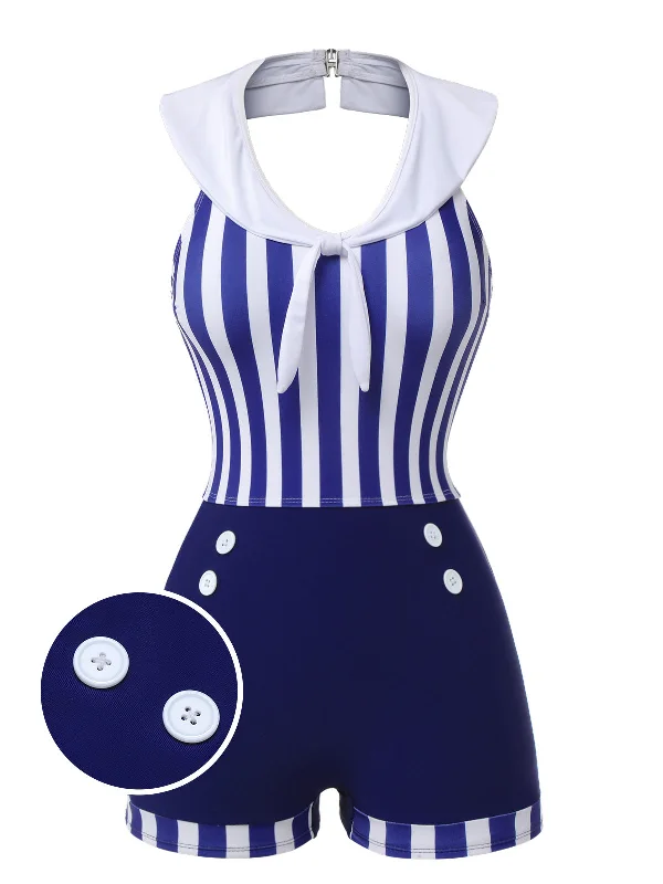 Navy Blue 1950s Striped Navy Collar Swimsuit Fun Pattern Swimsuit