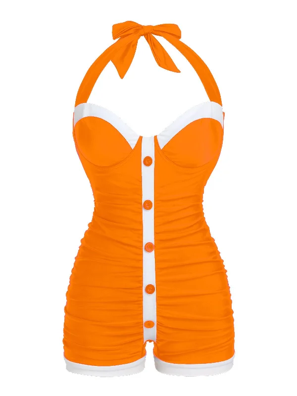 Orange 1950s Pleated Halter Swimsuit Sexy Swimwear Set