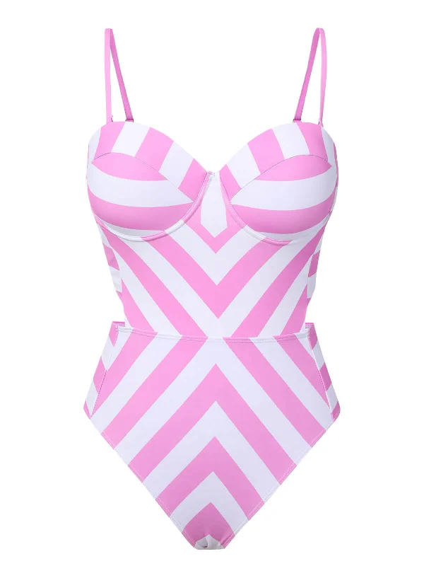 Pink 1940s Striped Bandeau One-Piece Swimsuit Elegant Ruffled Bikini