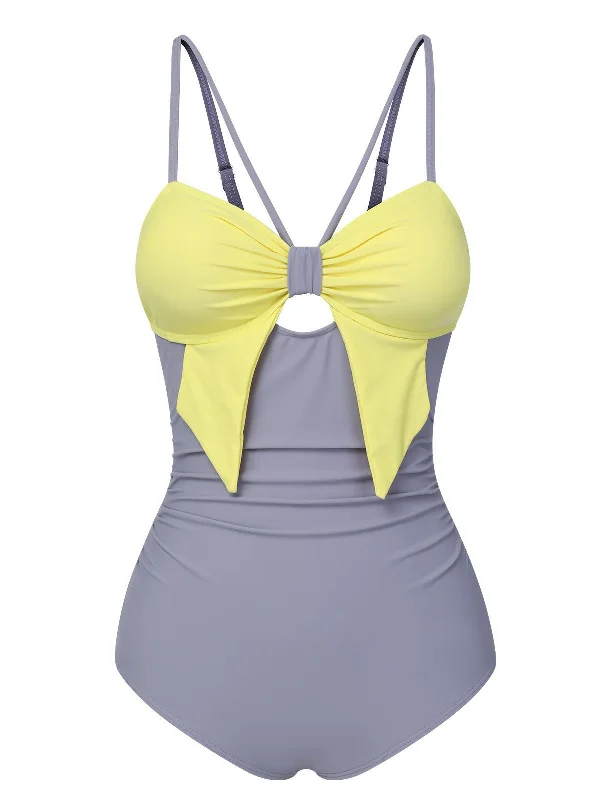 Purple & Yellow 1950s Cut Out Contrast Bow Swimsuit High-Waisted Swim Bottoms