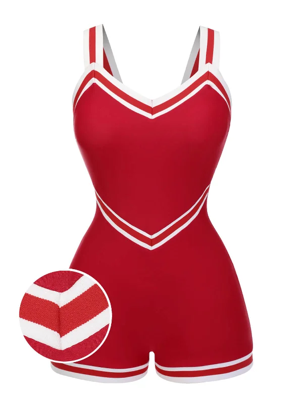 Red 1940s Solid Patchwork V-Neck Swimsuit Sexy Monokini Swimsuit