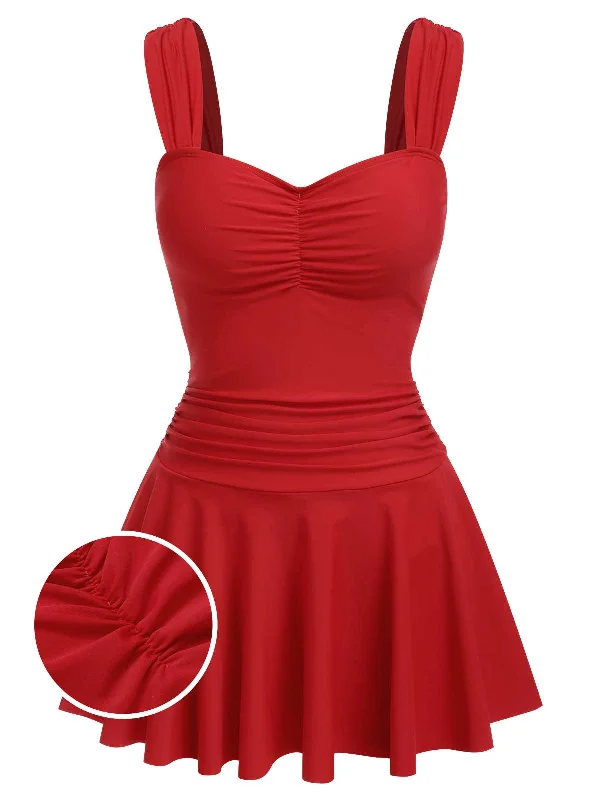 Red 1950s Pleated Solid One-Piece Swimsuit Sporty Swimsuit Style