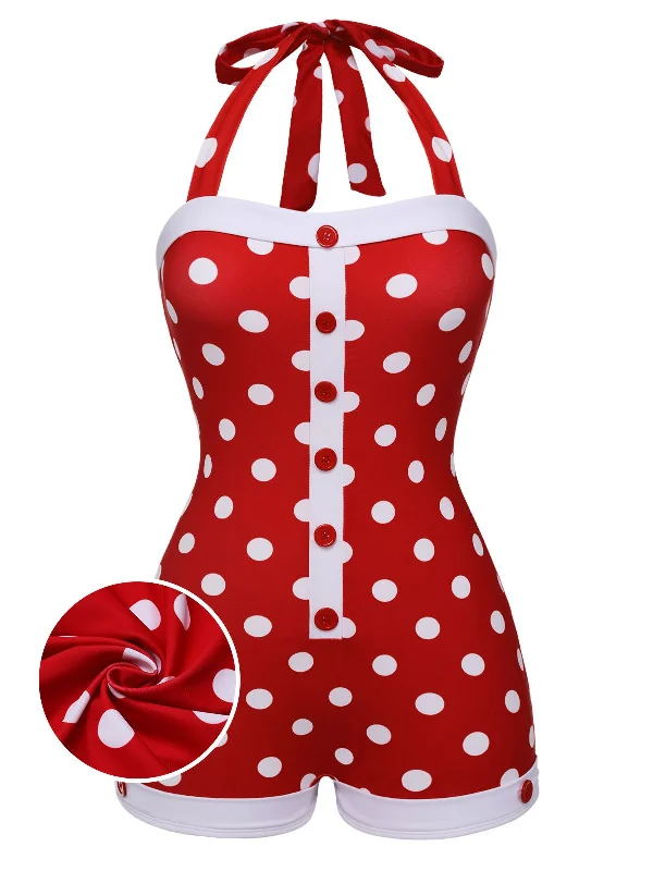 Red 1950s Polka Dot Patchwork Halter Swimsuit Crisscross Back Swimsuit