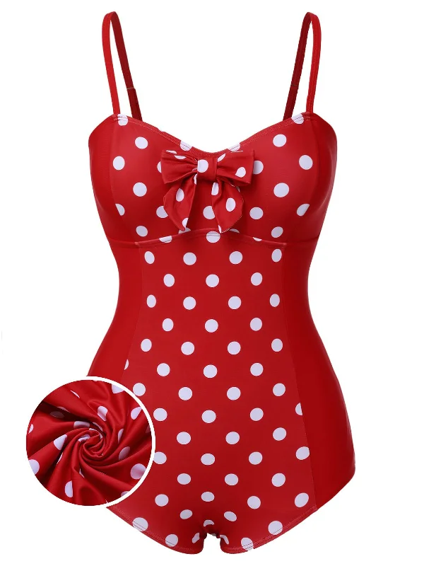 Red 1950s Polka Dot Patchwork Strap Swimsuit Push-Up Bikini Bottoms