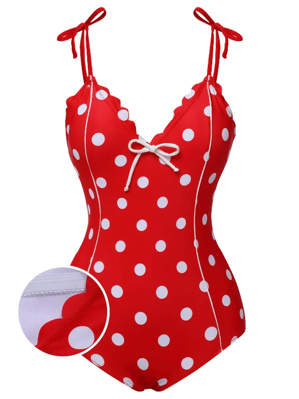 Red 1950s Polka Dot Shoulder Tie Swimsuit Deep-V Swimsuit Design