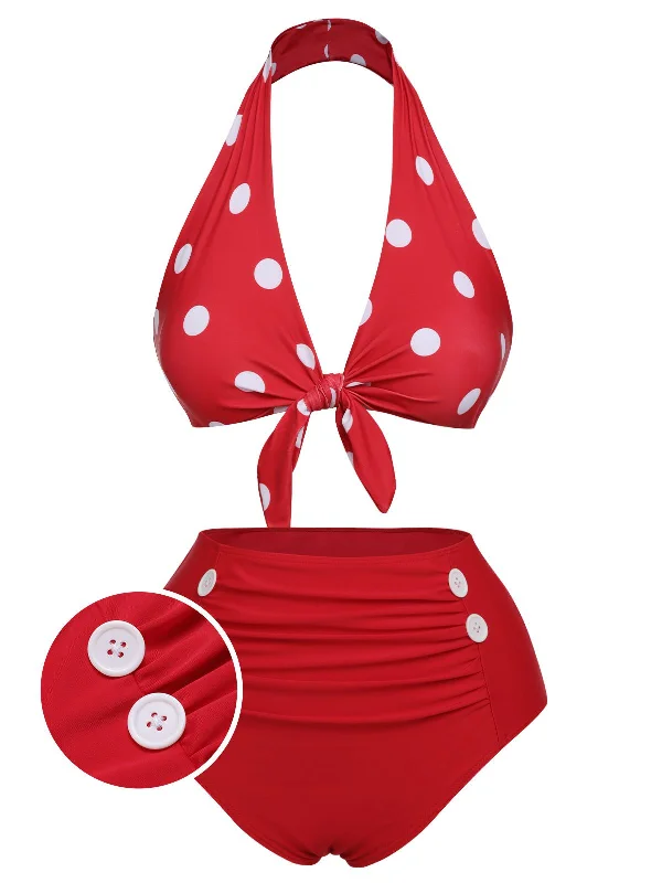 Red 1950s Polka Dot Tie Halter Swimsuit Chic Beach Cover-Up